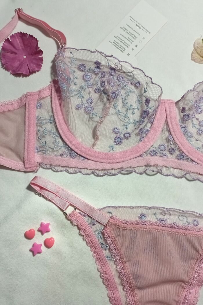 Pinkerie Flowers Pembe Mavi Zarif Dantelli Sütyen Külot Bralet Takımı Sexy iç giyim Günlük Fantezi giyim - Görsel 7