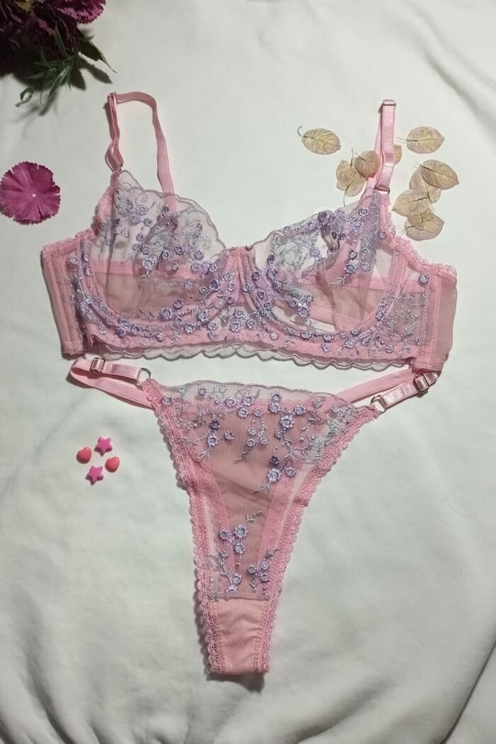 Pinkerie Flowers Pembe Mavi Zarif Dantelli Sütyen Külot Bralet Takımı Sexy iç giyim Günlük Fantezi giyim - Görsel 5